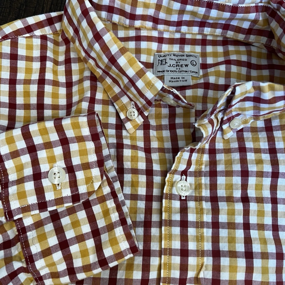 J Crew Button Down Long Sleeve L Yellow Red Plaid Shirt woven Cotton Skater VTG